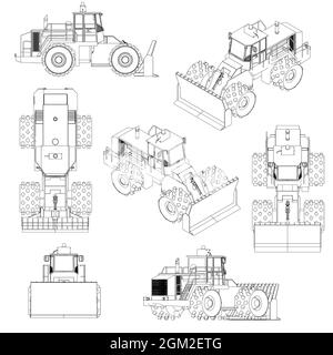 Set mit den Konturen der Bulldozer aus schwarzen Linien isoliert auf weißem Hintergrund. 3D. Vektorgrafik. Stock Vektor