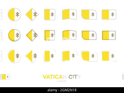 Vatikan-Flaggen-Set, einfache Fahnen der Vatikanstadt mit drei verschiedenen Effekten. Vektorgrafik. Stock Vektor