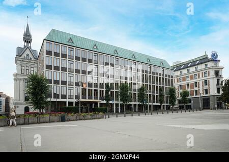 Oslo, Norwegen. September 2021. Außenansicht des Gebäudes des norwegischen Außenministeriums im Stadtzentrum Stockfoto