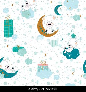 Nahtloses niedliches Muster mit Eisbär, Schnee, Schneeflocken, Mond, Winter. Vektorgrafik für Kinder. Stock Vektor