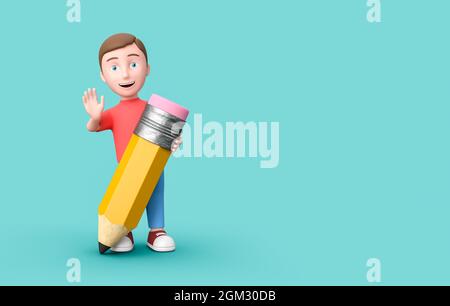 Young Kid 3D Cartoon Charakter mit einem lustigen Bleistift auf Blau mit Copy Space Stockfoto