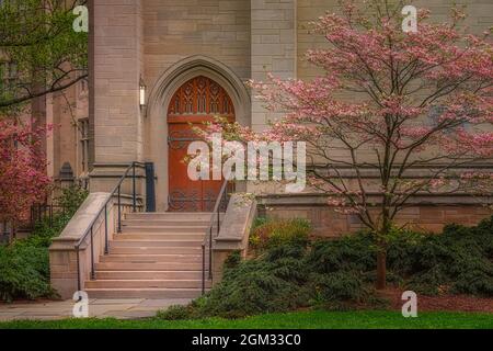 Yale University Sheffield-Sterling-Strathcona Hall - Blick von außen auf einen der Eingänge des Auditoriums. Die Yale University ist eine amerikanische Privatuniversität Stockfoto