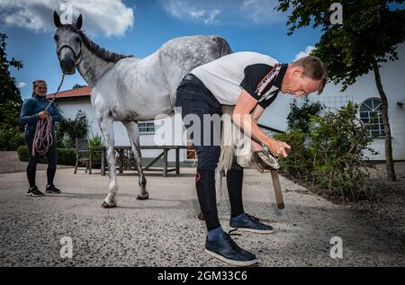 Der schwedische Springreiter und Olympiasieger Peder Fredricson war am 11. August 2021 auf seiner Farm in Grevlunda, Schweden, mit seinem Pferd Jumper d’Oase zu Hause. Foto: Johan Nilsson / TT / Code 50090 Stockfoto