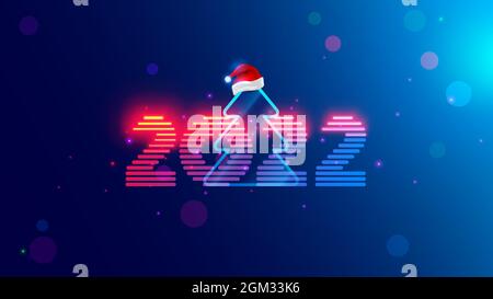 2022 Neujahr. Weihnachtsbaum mit digitaler Jahreszahl in Neonlicht. Feier-Banner im Computer-Cyberpunk-Technologie-Stil. Weihnachtsfeier Stock Vektor