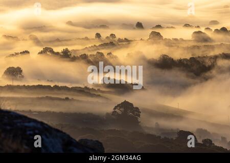 Wolkeninversion im Lyhner Tal Bodmin Moor Cornwall Stockfoto