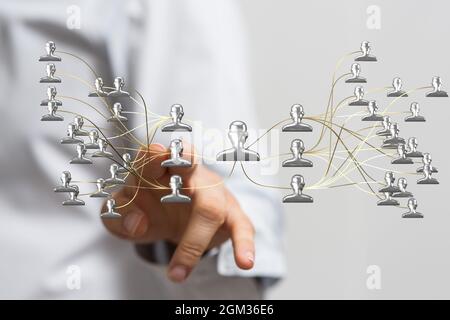 3d-Rendering einer digitalen Hierarchieanschlusskonzeptprojektion mit einem manuellen Tippen darauf Stockfoto