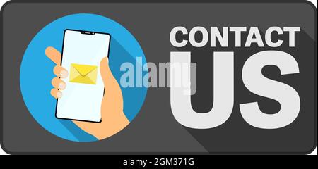 KONTAKT US-Schild oder Aufkleber mit Hand halten Smartphone, Vektor-Illustration-Symbol Stock Vektor