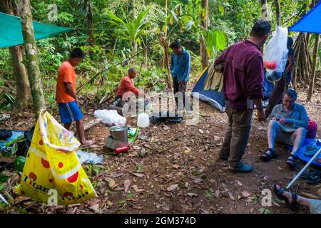 Eine Gruppe panamaischer Wanderer in einem Regenwald-Camp entlang des alten Camino Real-Pfades, Chagres-Nationalpark, Republik Panama, Mittelamerika. Stockfoto