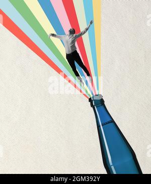 Collage zeitgenössischer Kunst. Konzept des Festivals, nationale Traditionen, Geschmack, Getränke und Feiertage, oktoberfest. Fliegender Mann. Stockfoto