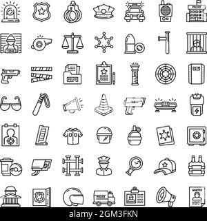 Symbole für Polizeiausrüstung eingestellt. Skizzieren Sie eine Reihe von Polizeiausrüstung Vektor-Symbole für Web-Design isoliert auf weißem Hintergrund Stock Vektor