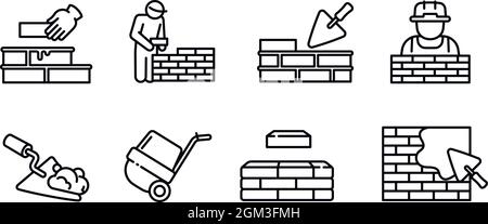 Maurerarbeit Arbeiter Symbole gesetzt. Umreißen Sie die gemauerten Arbeiter-Vektor-Symbole für das Webdesign isoliert auf weißem Hintergrund Stock Vektor