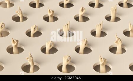 Die Hände zeigen mit dem Finger und springen aus den Löchern heraus. Community Concept 3d-Rendering-Illustration Stockfoto