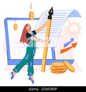 Online-Vertragsunterzeichnung Konzept mit Geschäftsfrau Cartoon-Figur. Elektronischer Vertrag oder digitale Unterschrift, Online-Vertragsschluss, Flat vec Stock Vektor