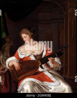 Lady playing a Lute in an Interior von der niederländischen Künstlerin Eglon van der Neer (1635/36- 1703), Öl auf Tafel, 1675 Stockfoto