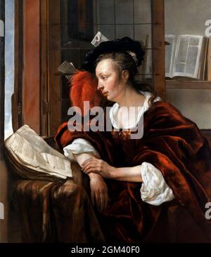 Woman Reading a Book by a Window von der niederländischen Künstlerin Gabriël Metsu (1629–1667), Öl auf Leinwand, 1663/4 Stockfoto