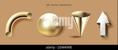 Geometrische 3D-Formen, brauner Hintergrund. Dekorative mathematische Figuren Banner. Darstellung von goldenem Kegel, Kugel, Rohr und Pfeilvektor in Stock Vektor
