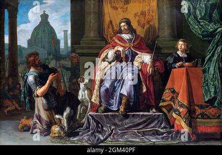 David übergibt Uriah einen Brief des niederländischen Künstlers Pieter Lastman (1583–1633) an Joab, Öl auf Tafel, 1619 Stockfoto