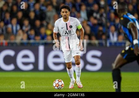 BRÜGGE, BELGIEN - 15. SEPTEMBER: Marquinhos von Paris Saint-Germain während des UEFA Champions League Group Stage-Spiels zwischen dem Club Brugge und Paris Saint-Germain am 15. September 2021 im Jan Breydelstadion in Brügge, Belgien (Foto: Jeroen Meuwsen/Orange Picches) Stockfoto