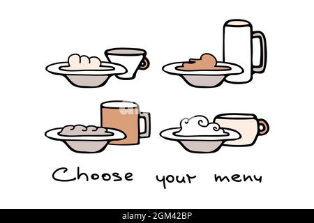 Verschiedene Menüoptionen auf Tellern mit Getränken in Tassen. Beschriftung Wählen Sie Ihr Menü. Vektorgrafik. Stock Vektor