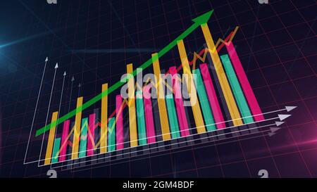 3D-Abbildung des Finanzgeschäftsdiagramms und des Wirtschaftsgraphen. Abstrakte bunte Börse abd Finanzdiagramm Hintergrund. Stockfoto