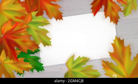 Herbstliche gelbe, rote und grüne Ahornblätter auf einem hölzernen Hintergrund. Herbstposter mit realistischen Herbst-Ahornblättern und Papierkarte. Vektorgrafik Stock Vektor