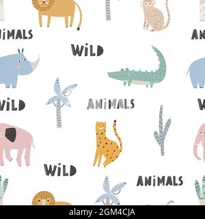 Cute vector seamless pattern with safari animals, elephant, dangerous alligator, wild cat, lion, tropical plants.Vector seamless pattern. Digital pape Stock Vektor