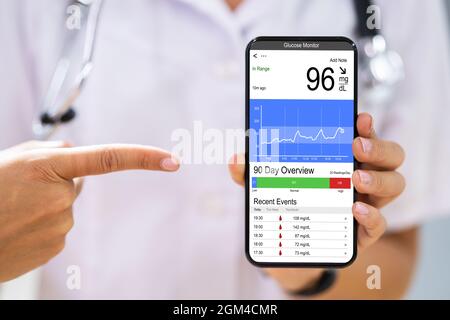 Mobiltelefon Mit Arzt-Handgriff Und Continuous Glucose Monitor App Stockfoto