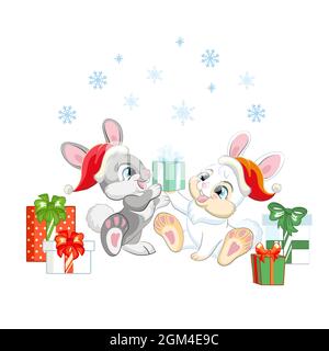 Zwei niedliche Kaninchen in Weihnachtsmützen mit Geschenken und Schneeflocken. Cartoon Kaninchen Charakter. Vektor-isolierte Illustration. Für Postkarte, Poster, Design, Stock Vektor