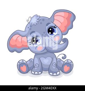 Niedliche sitzende Baby Elefant auf weißem Hintergrund. Zeichentrickfigur. Vektor isoliert bunte Illustration. Für Druck und Gestaltung, Poster, Karte, Aufkleber, Stock Vektor