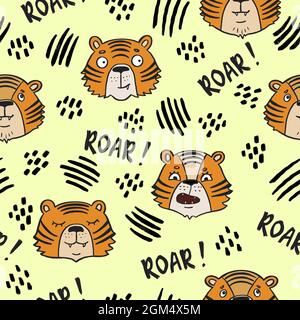 Niedliche Hand gezeichnet Tiger Baby nahtlose Muster. Roar Doodle Kindertapete Design. Kinder- und Babytextilien. Stock Vektor