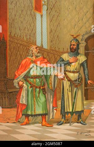 Alfonso X. von Kastilien und Leon, genannt der Weise (1221-1284) und sein Sohn Sancho IV., genannt der Tapfere (1258-1295), König von Kastilien und Leon. Illustration von J. Alaminos. Chromolithographie. Historia General de España (Allgemeine Geschichte Spaniens), von Miguel Morayta. Band II. Madrid, 1889. Autor: Juan Alaminos. Spanischer Künstler der zweiten Hälfte des 19. Jahrhunderts. Stockfoto