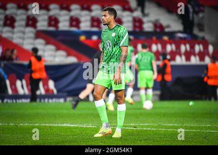 14. September 2021, Villeneuve-d'Ascq, Frankreich, Frankreich: Maxence LACROIX aus Wolfsburg beim UEFA Champions League-Spiel der Gruppe G zwischen Lille OSC (LOSC) und Verein für Leibesubungen Wolfsburg im Pierre Mauroy-Stadion am 14. September 2021 in Villeneuve-d'Ascq bei Lille, Frankreich. (Bild: © Matthieu Mirville/ZUMA Press Wire) Stockfoto