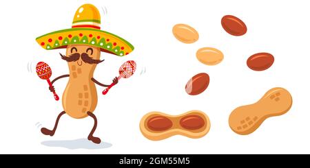 Vektor-Illustration von set Erdnüsse und Erdnuss Cartoon mit Sombrero und Maracas. Niedliche Vektor-Karikatur von Erdnuss-Snack. Stock Vektor
