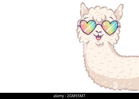 Vektor-Illustration eines niedlichen Lama mit Regenbogenbrille. Niedlicher Alpaka mit Brille wie Herzen. Stock Vektor