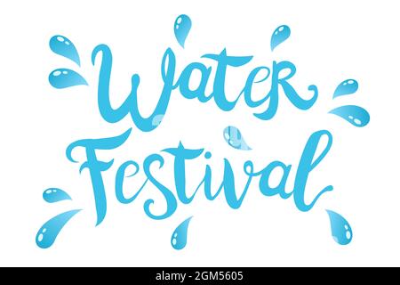 Vektor-Emblem für Songkran-Festival in Thailand. Logo zum Wasserfest mit handzeichnerem Schriftzug und Wassertropfen. Stock Vektor