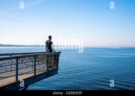 Junger Mann, der mit der Oresundsbron-Brücke am Horizont ins Meer blickt. Stockfoto