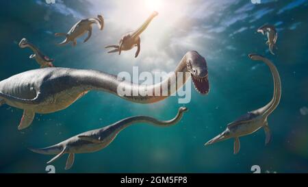 Elasmosaurus, Gruppe langhalsiger Plesiosaurier aus der späten Kreidezeit, 3d-Darstellung der Wissenschaft Stockfoto