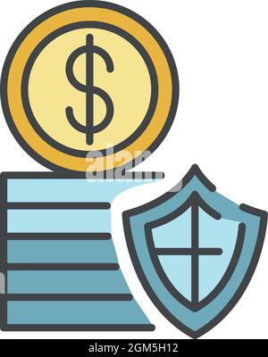 Symbol für gesicherte Geldmünze. Kontur gesichert Geld Münze Vektor-Symbol Farbe flach isoliert auf weiß Stock Vektor