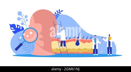 Dermatologe Ärzteteam, das eine Medizinstudie oder wissenschaftliche Forschung an der menschlichen Gesichtshaut macht. Spezialkonzept Kosmetologie. Isolierte medizinische Illustration i Stock Vektor