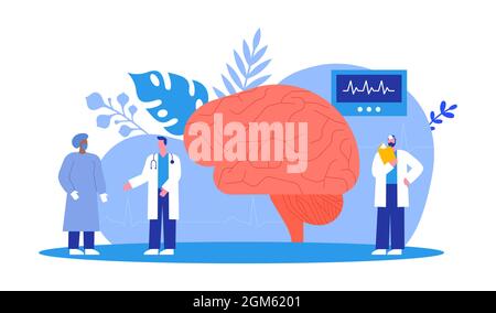 Doctor People Team macht medizinische Studie oder wissenschaftliche Forschung über das menschliche Gehirn. Neurologie Fachkonzept. Isolierte Psychotherapie Illustration in m Stock Vektor