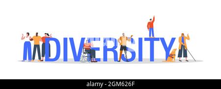 Diversity Zitat Illustration Konzept auf isoliertem Hintergrund mit verschiedenen Charakteren und Menschen mit Behinderungen Gemeinschaft. Stock Vektor