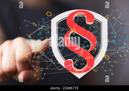 3D-Darstellung eines Fingers, der das Symbol für Recht und Gerechtigkeit in einem Schild berührt Stockfoto