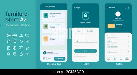 UI Benutzeroberfläche mobile App Design Layout-Schnittstelle von Möbeln Online-Shop E-Commerce von Login Warenkorb zu Konto Profil-Seite Stock Vektor