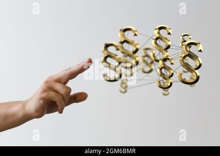3D-Darstellung eines Fingers, der auf Absatzsymbole zeigt – Konzept „Recht und Gerechtigkeit“ Stockfoto