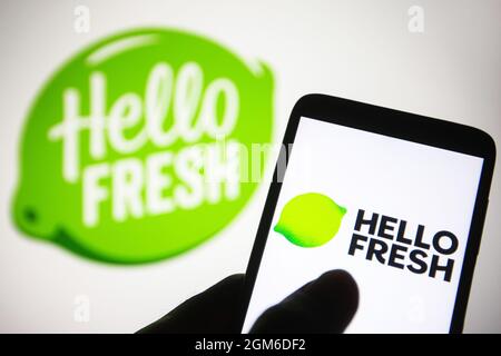 Ukraine. September 2021. In dieser Abbildung ist ein HelloFresh-Logo auf einem Smartphone zu sehen. (Foto von Pavlo Gonchar/SOPA Images/Sipa USA) Quelle: SIPA USA/Alamy Live News Stockfoto