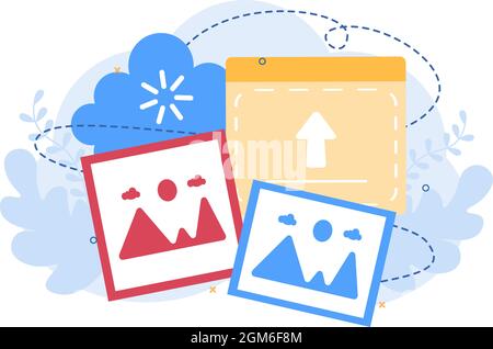 Bild hochladen Hintergrund von Online-Geräten Informationen und Daten in soziale Netzwerke mit Cloud Service oder Loading Concept Vector Illustration Stock Vektor