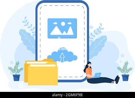 Bild hochladen Hintergrund von Online-Geräten Informationen und Daten in soziale Netzwerke mit Cloud Service oder Loading Concept Vector Illustration Stock Vektor