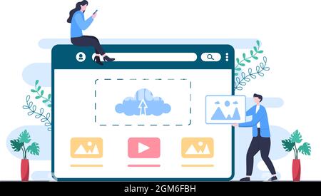 Bild hochladen Hintergrund von Online-Geräten Informationen und Daten in soziale Netzwerke mit Cloud Service oder Loading Concept Vector Illustration Stock Vektor