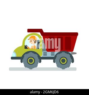 Muldenkipper mit Fahrer auf weißem, isoliertem Hintergrund. Zeichentrickfilm. Vektorgrafik flach Stock Vektor