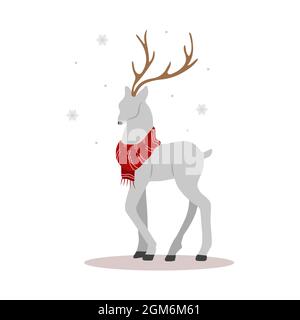 Weihnachtsrentiere im Schal. Niedlicher Hirsch mit Geweih. Design-Element für den Winter. Vektor-Illustration im flachen Cartoon-Stil Stock Vektor